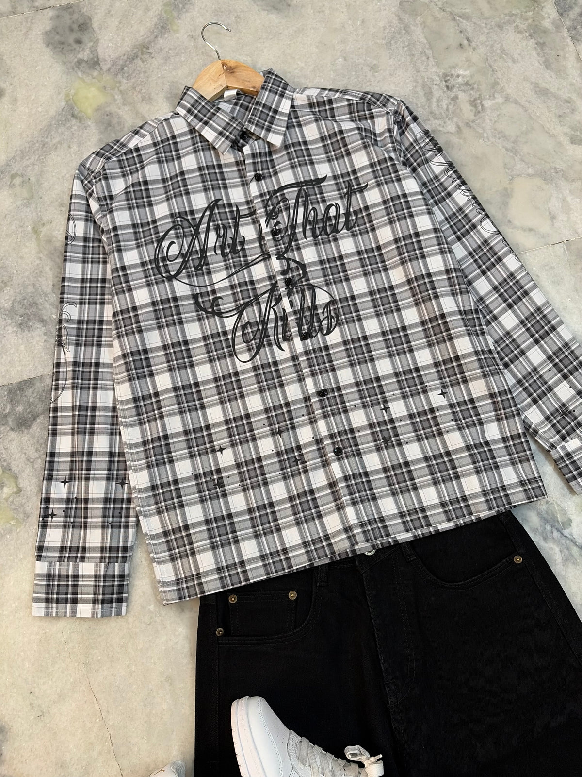 “Art That Kills” Check Cotton Boxy Shirt - White