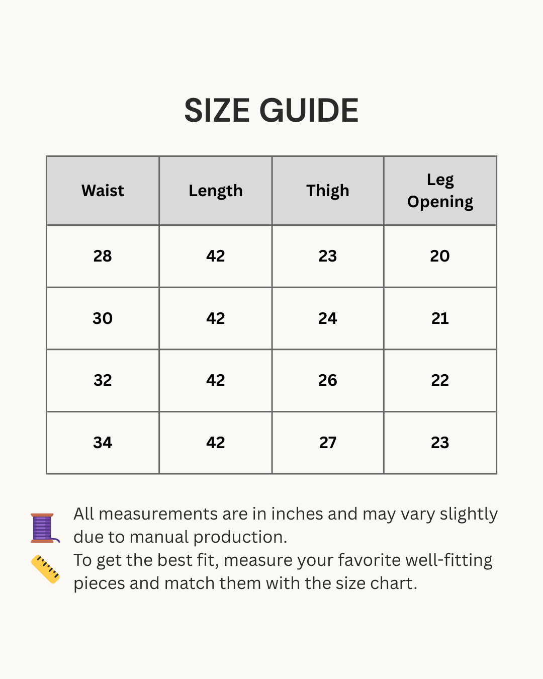 Size guide chart for clothing measurements in inches