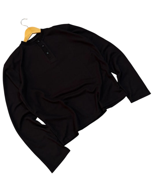 *Best Seller* Henley Boxy Waffle Tee - Black