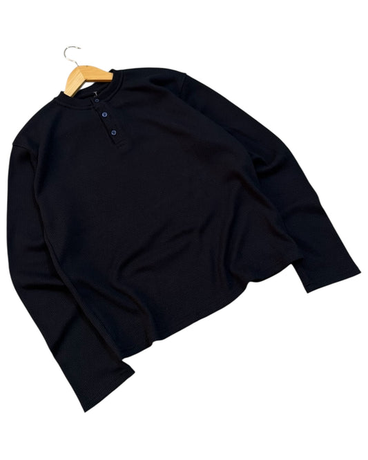 *Best Seller* Henley Boxy Waffle Tee - Navy Blue