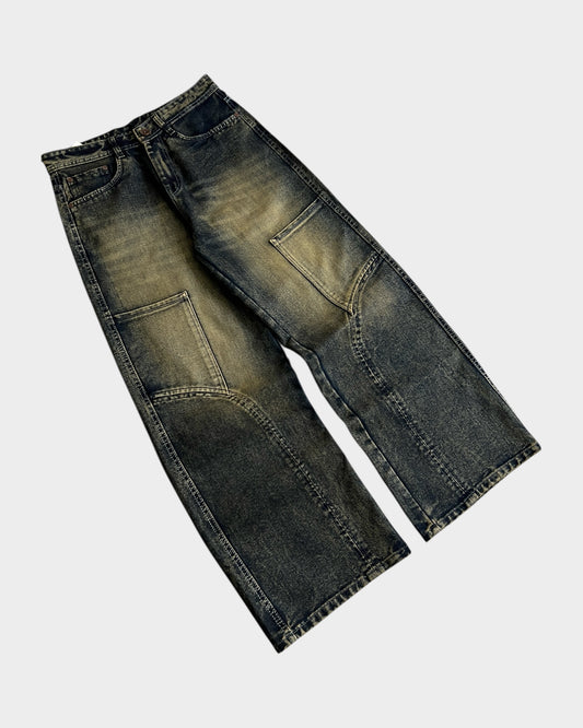 Olive Washed Panel Workwear Baggy Wide Denim