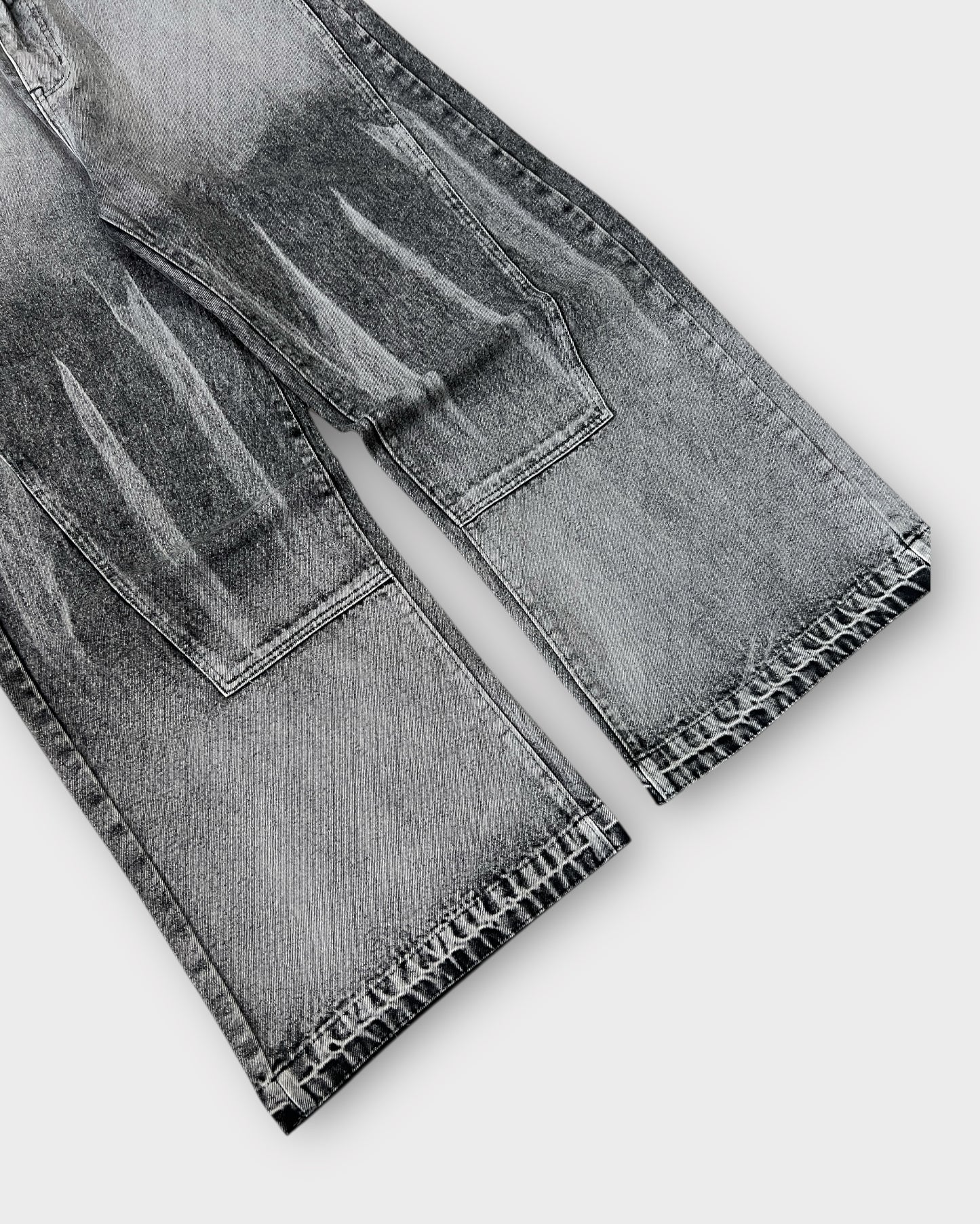 Grey Stonewashed Panel Wide Leg Baggy Jeans