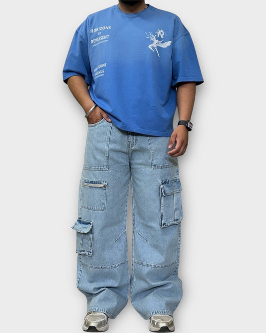 Light Wash Utility Cargo Denim Baggy Wide Fit