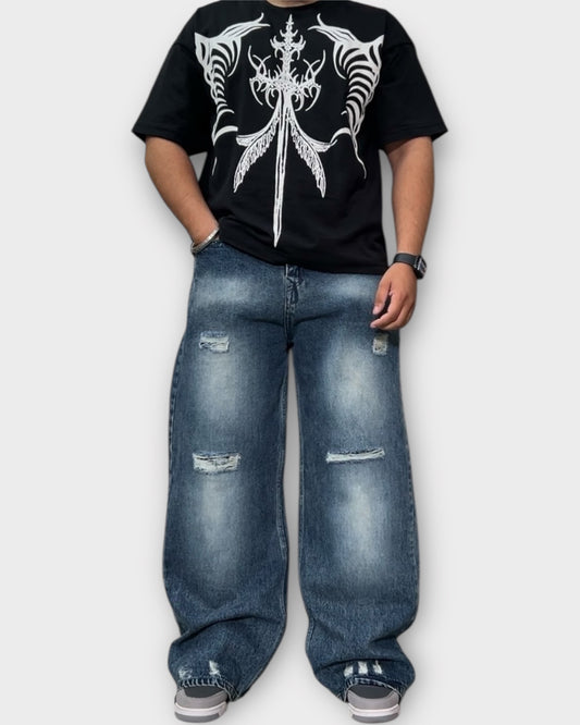 Distressed Indigo Wide Leg Baggy Jeans