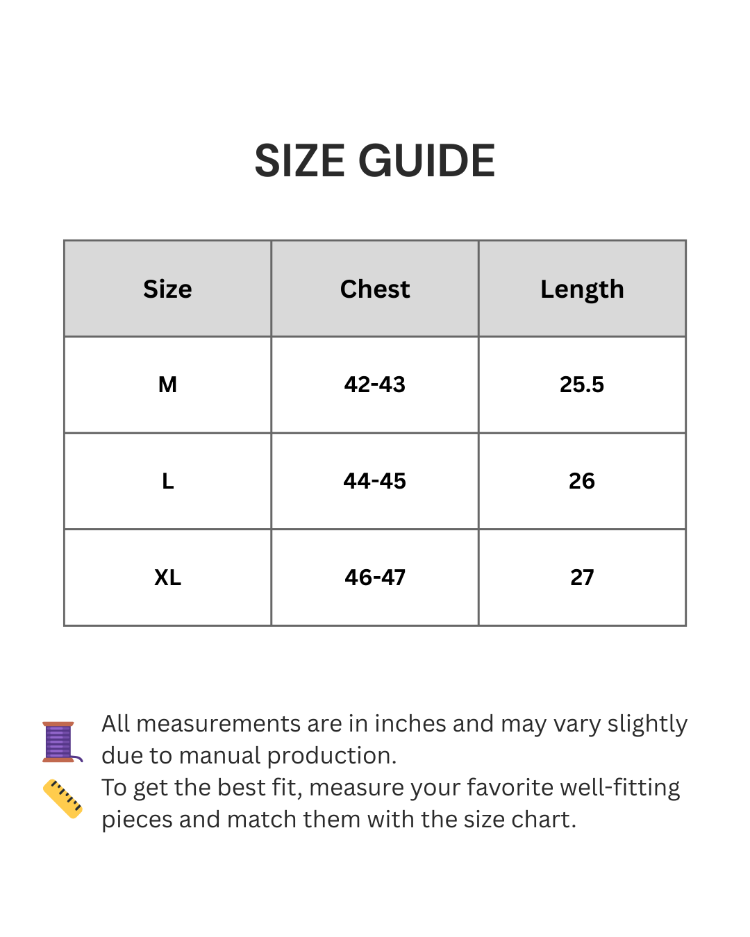 Size guide chart for clothing with chest and length measurements in inches.