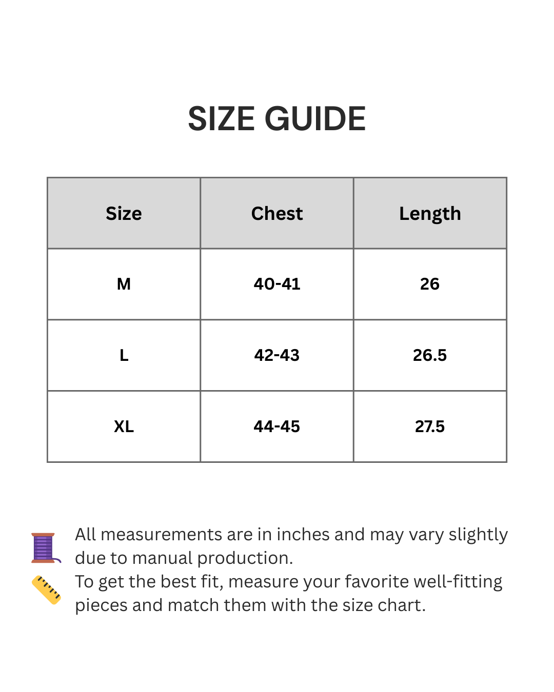 Size guide chart for clothing with chest and length measurements in inches.