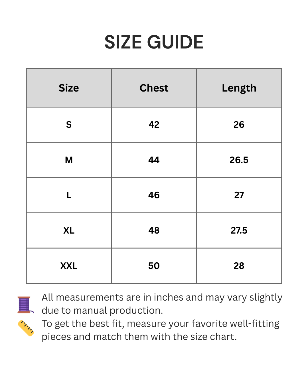 Size chart for clothing with chest and length measurements in inches.