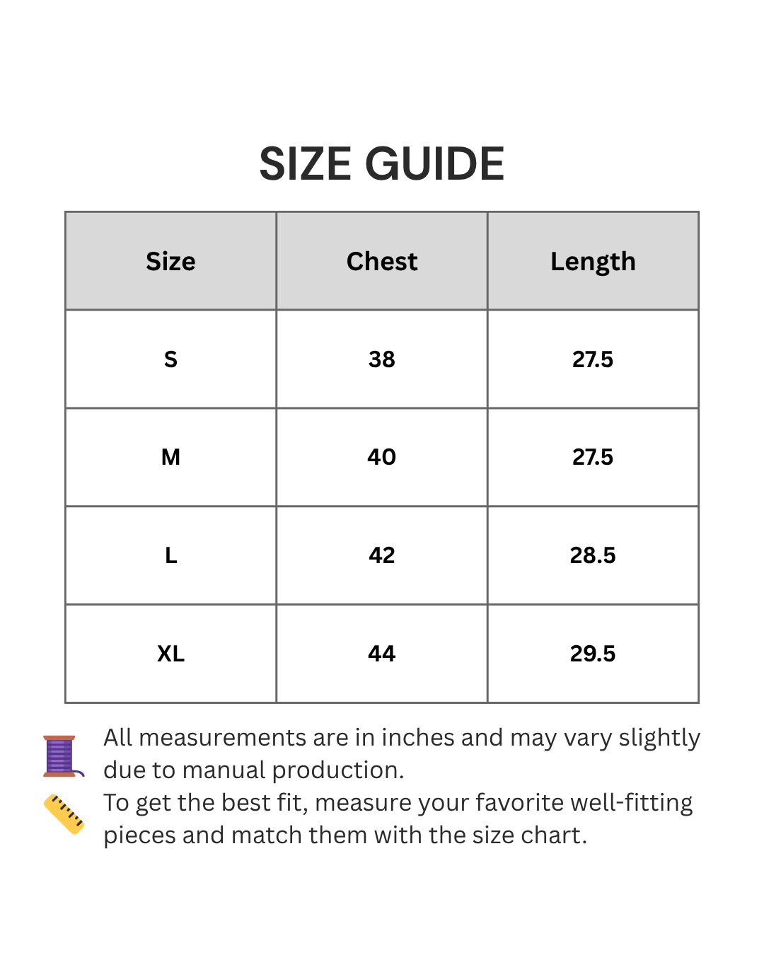 Size guide chart for clothing with chest and length measurements in inches.