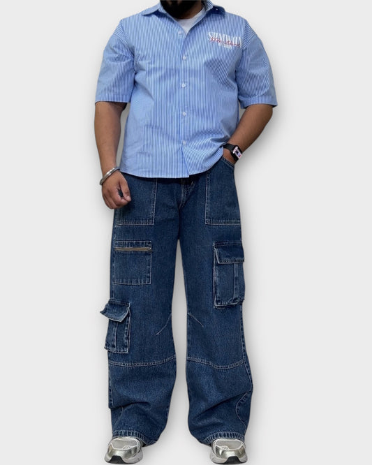 Dark Wash Utility Cargo Denim Baggy Wide Fit