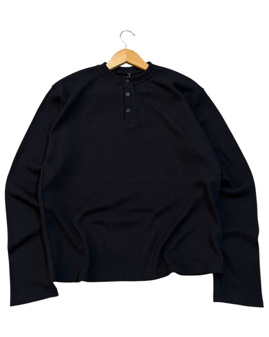 *Best Seller* Henley Boxy Waffle Tee - Navy Blue