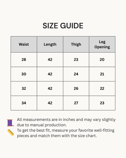 Size guide chart for clothing measurements in inches