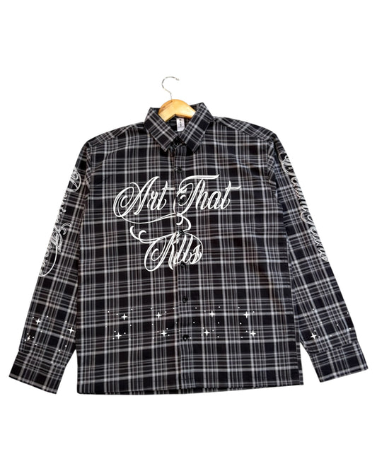 “Art That Kills” Check Cotton Boxy Shirt - Black