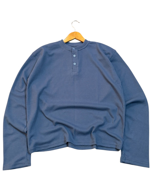 *Best Seller* Henley Boxy Waffle Tee - Blue