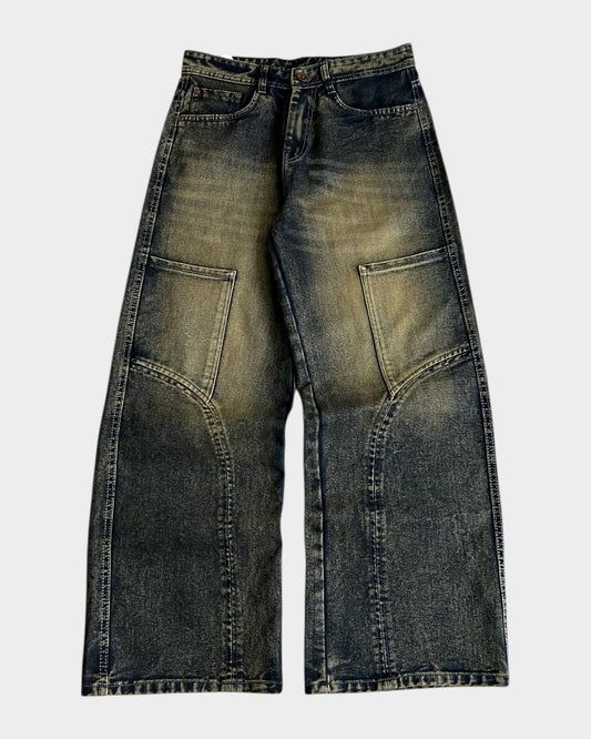 Olive Washed Panel Workwear Baggy Wide Denim