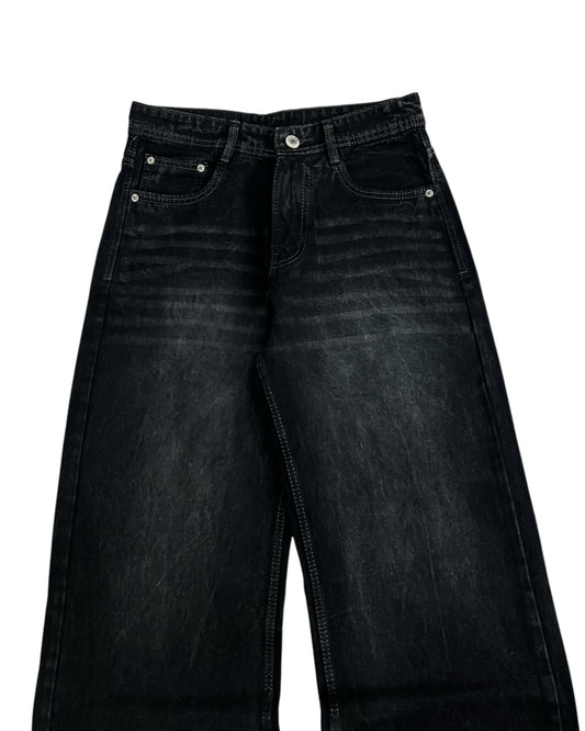 Nior Black Whisker Wash Wide Fit Denim