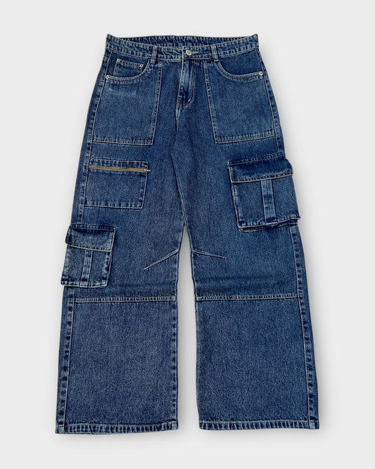 Dark Wash Utility Cargo Denim Baggy Wide Fit