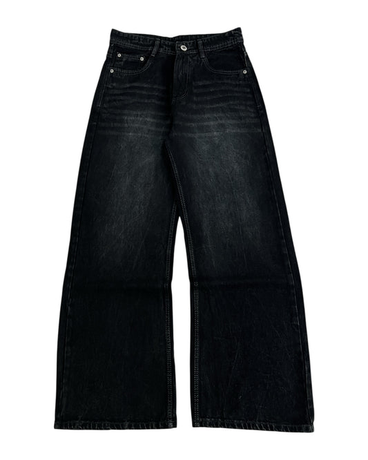 Nior Black Whisker Wash Wide Fit Denim