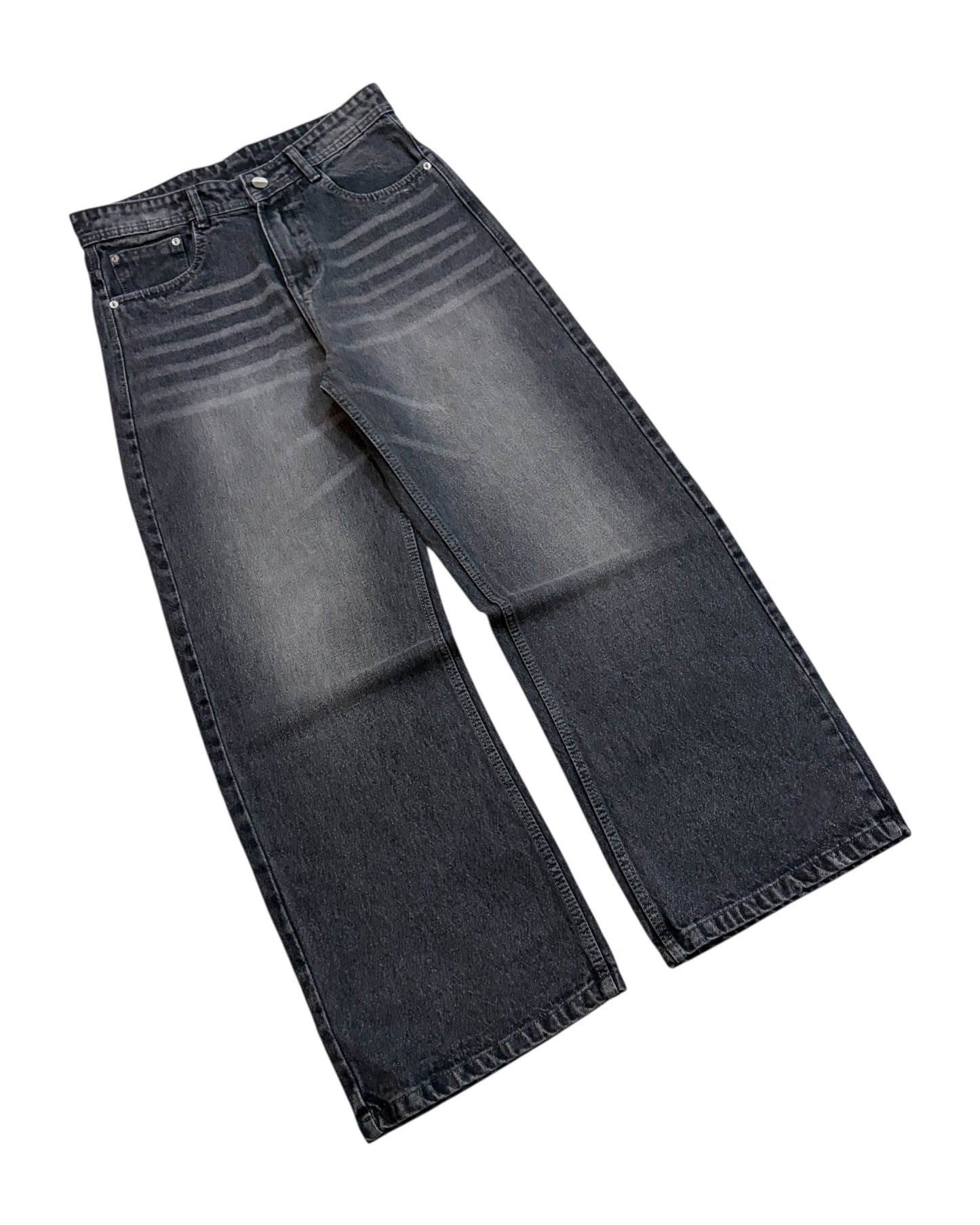 Grey Whisker Wash Wide Fit Jeans