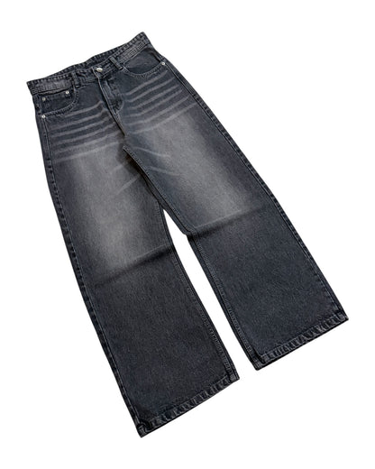 Grey Whisker Wash Wide Fit Jeans