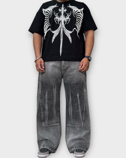 Grey Stonewashed Panel Wide Leg Baggy Jeans