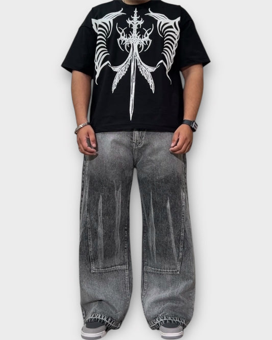 Grey Stonewashed Panel Wide Leg Baggy Jeans