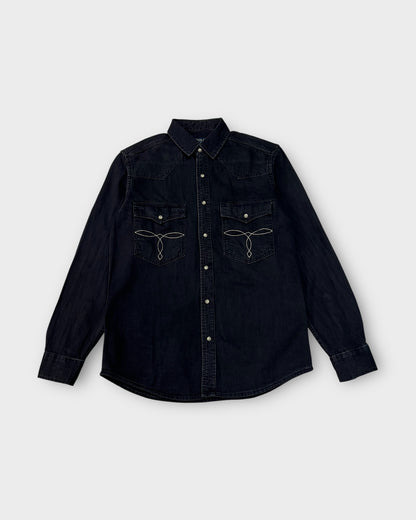 Black denim shirt with embroidery on a white background