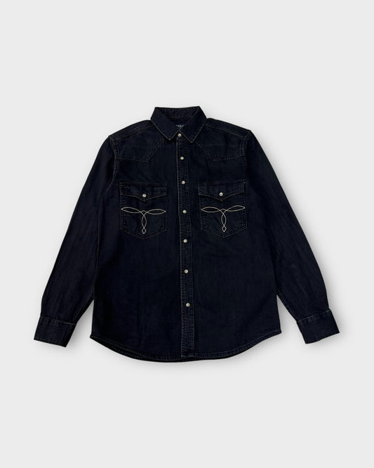 Black denim shirt with embroidery on a white background
