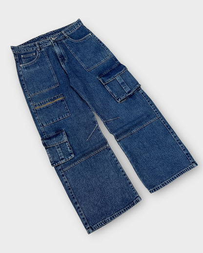 Dark Wash Utility Cargo Denim Baggy Wide Fit