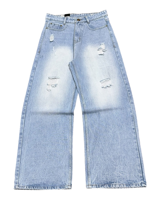 Light Blue Distressed Wide Fit Jeans