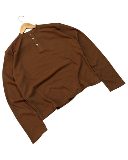 *Best Seller* Henley Boxy Waffle Tee - Brown