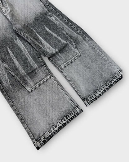 Grey Stonewashed Panel Wide Leg Baggy Jeans