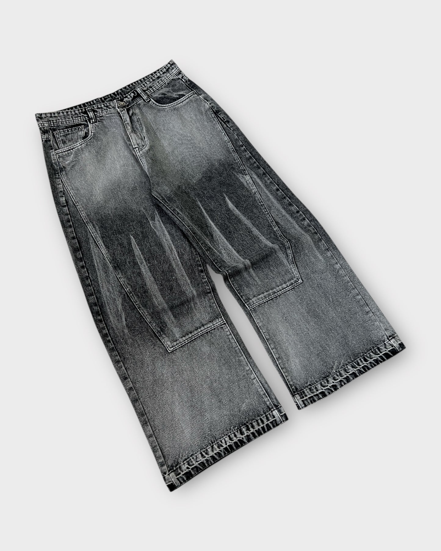 Grey Stonewashed Panel Wide Leg Baggy Jeans