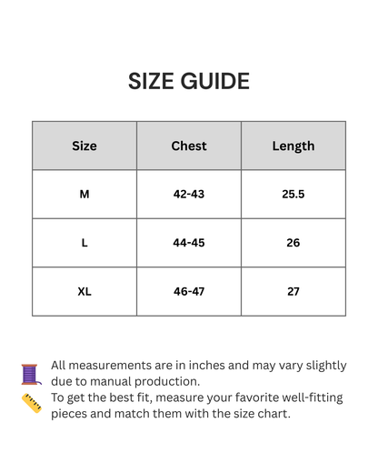 Size guide chart for clothing with chest and length measurements in inches.