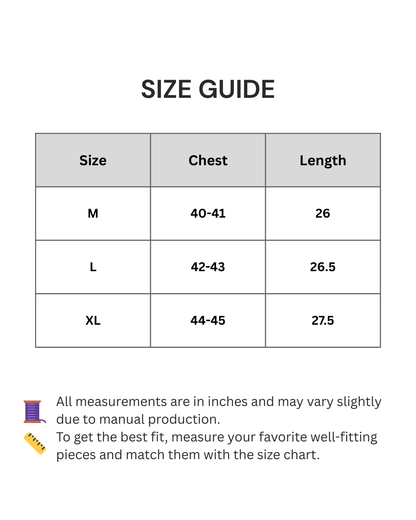 Size guide chart for clothing with chest and length measurements in inches.