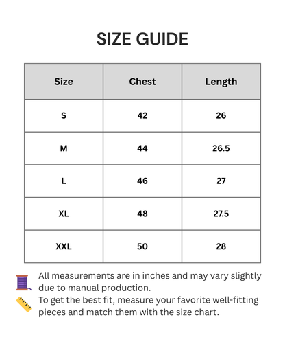 Size chart for clothing with chest and length measurements in inches.
