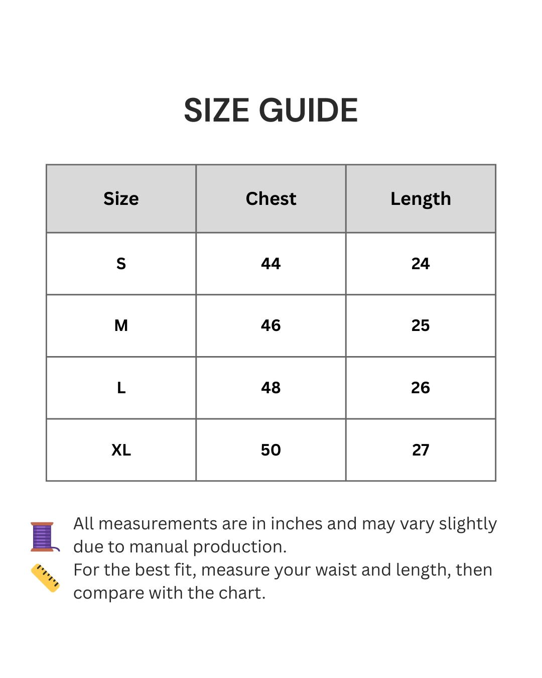 Size guide chart for clothing with chest and length measurements in inches.