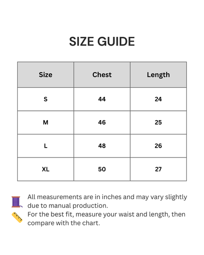 Size guide chart for clothing with chest and length measurements in inches.