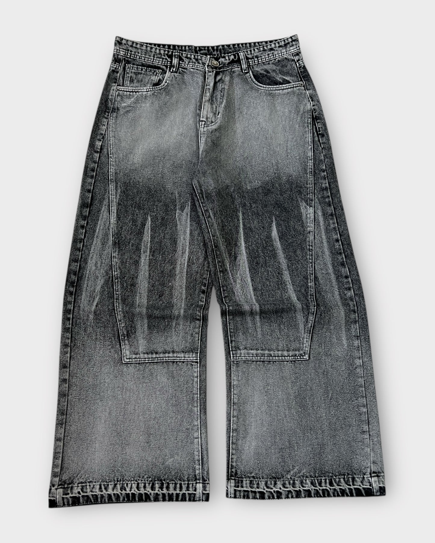 Grey Stonewashed Panel Wide Leg Baggy Jeans