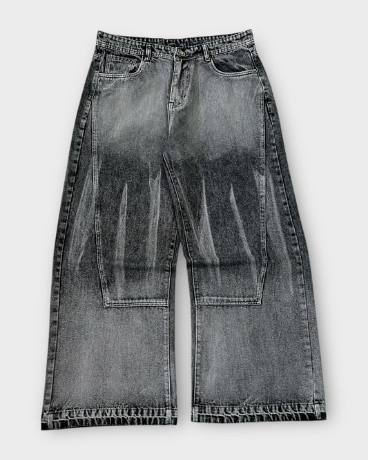 Grey Stonewashed Panel Wide Leg Baggy Jeans