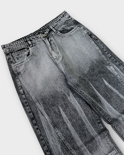 Grey Stonewashed Panel Wide Leg Baggy Jeans